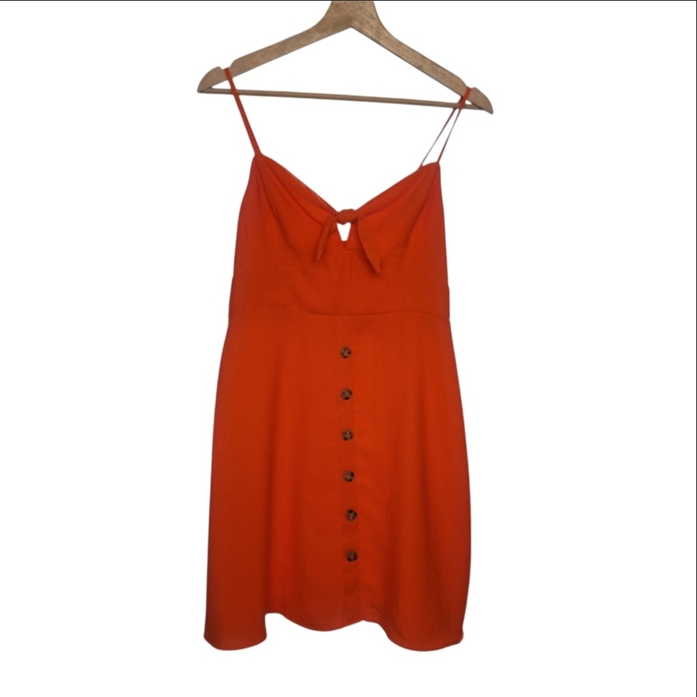 E & M Red/Orange Tie Front Button-Down Mini Dress